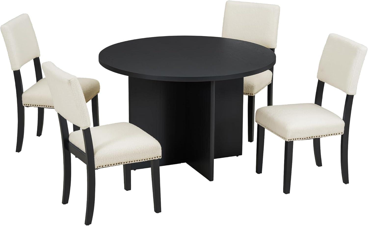 Kselythan 5 Piece Dining Table Set, Modern Wooden Round Kitchen Table With Pedestal Base With Upholstered Chairs Of 4 For Dining Room Apartment