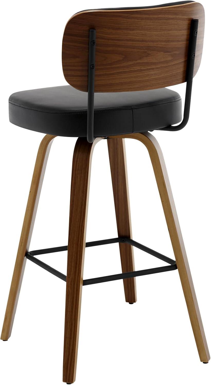 Black Faux Leather Swivel Bar Stools with Walnut Bentwood Legs, Set of 2