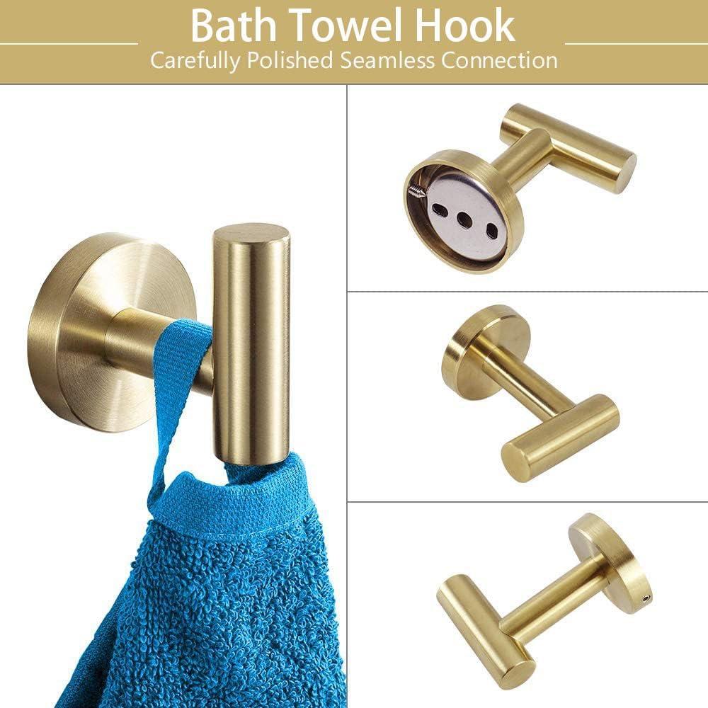 5 PCS Bathroom Hardware Set SUS304 Stainless Steel-Towel Rack Set Include Lengthen Hand Towel Bar+Toilet Paper Holder+3 Robe Towel Hooks Bathroom Accessories Towel Bar Set (Brushed Gold, 16IN)