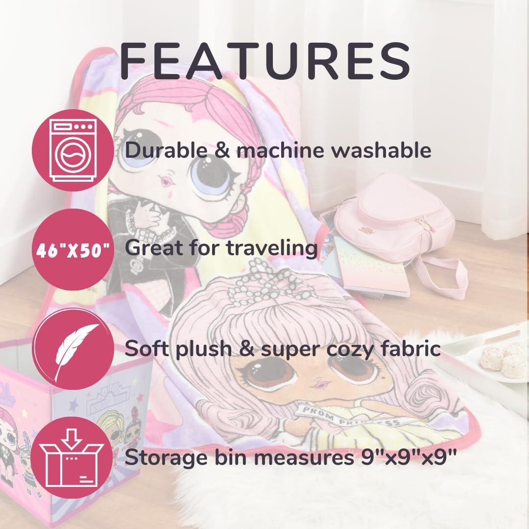 LOL Surprise Kids Plush Throw and Canvas Storage Cube Bin, 2Pc Set, Pink and Purple, MGA