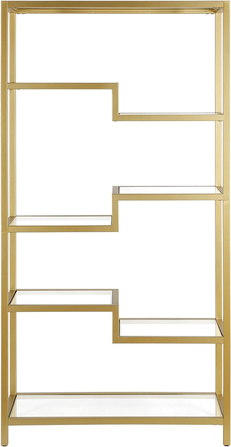 Contemporary 68'' Brass Metal and Tempered Glass 4-Tier Bookcase