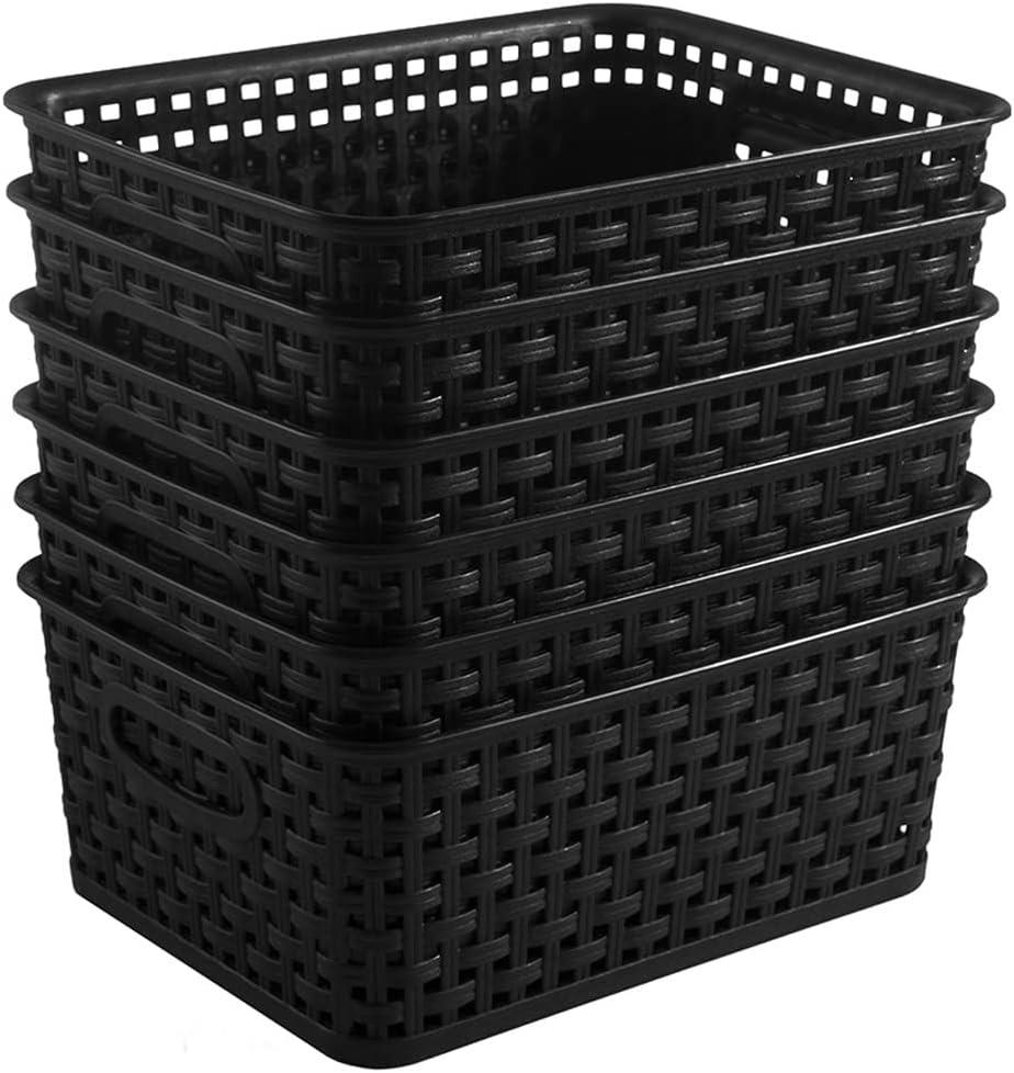 Black Rectangular Plastic Woven Storage Baskets, Set of 6