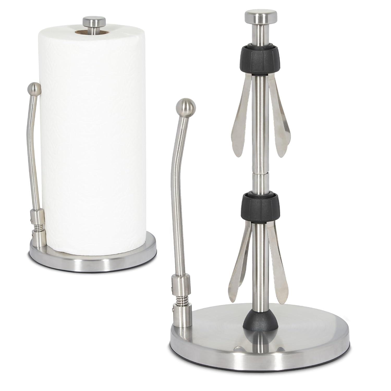 Washranp Paper Towel Holderwith Spray Bottle,Stainless Steel Easy to Tear Paper Towel Dispenser Weighted Base Adjustable Spring Arm to Hold Any Type of Paper Towels