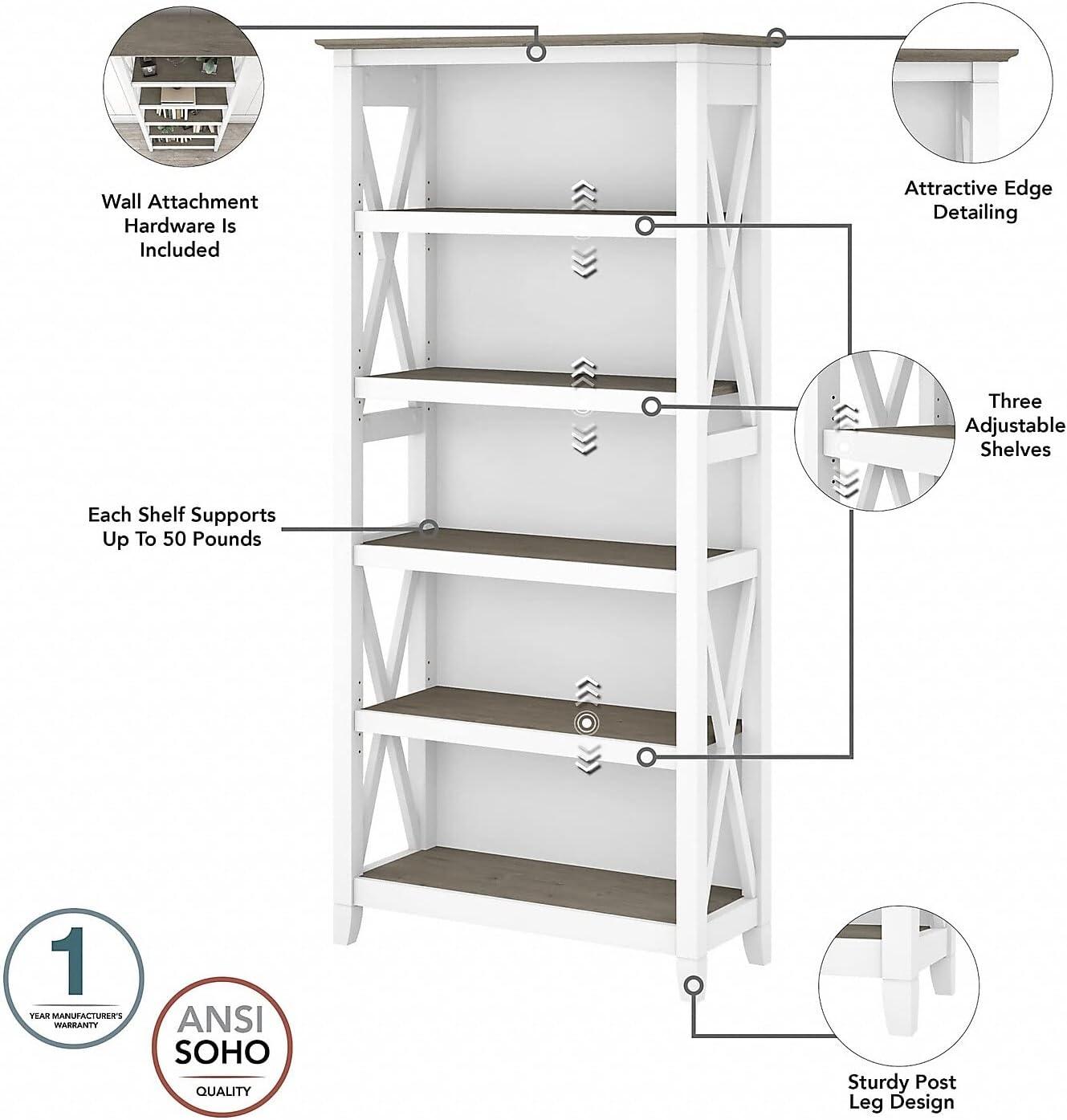 Key West L Desk with Drawers and Bookcase in White and Gray - Engineered Wood