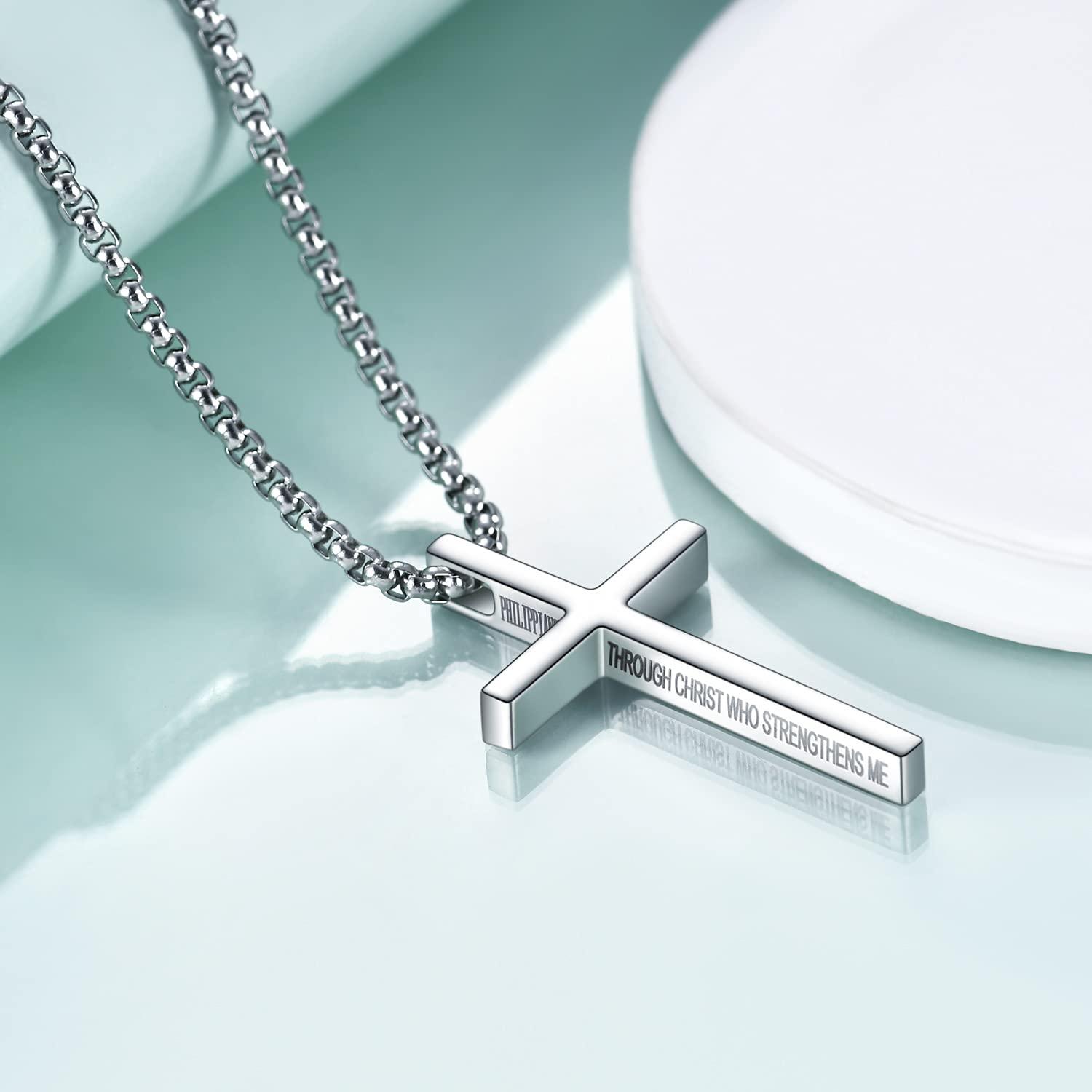 Philippians 4:13 Cross Pendant Necklace, I CAN DO ALL THINGS Bible Verse Stainless Steel Necklace Confirmation Jewelry Gifts