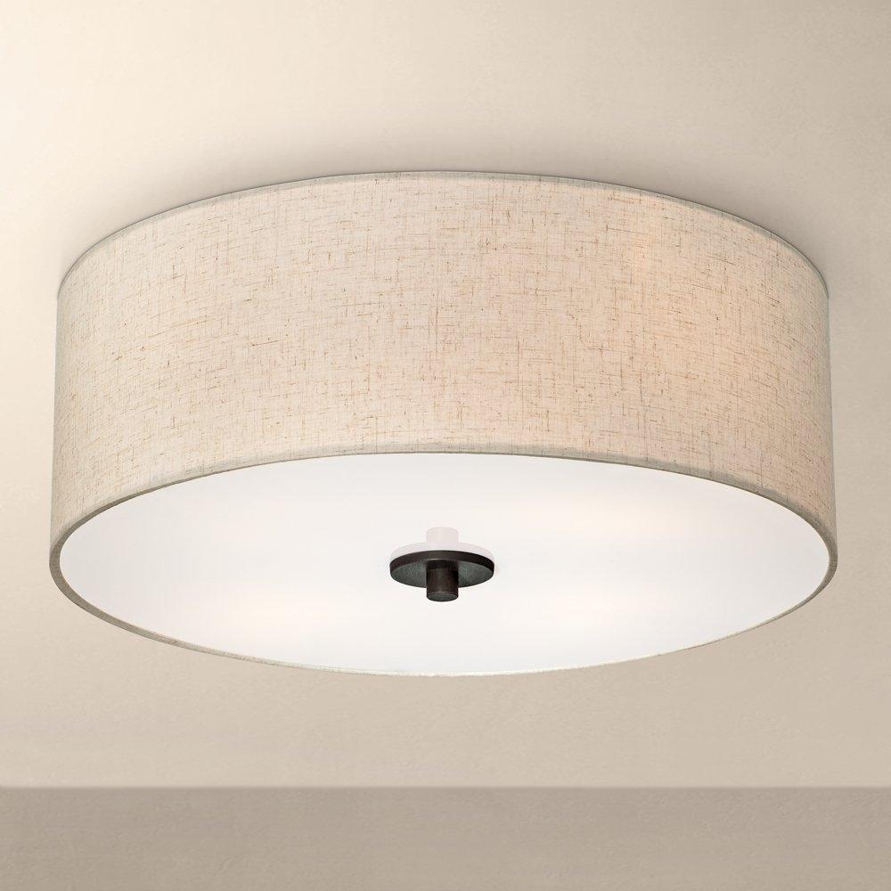 Regency Hill Sylvan Modern Ceiling Light Flush Mount Fixture 18" Wide Bronze 4-Light Oatmeal Fabric Drum Shade for Bedroom Kitchen Living Room Hallway