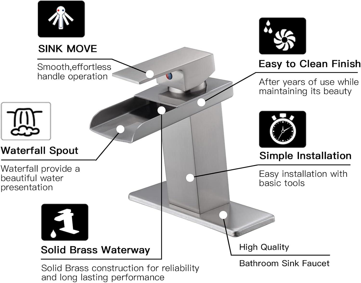 Brushed Nickel Square Waterfall Bathroom Faucet with Deck Plate