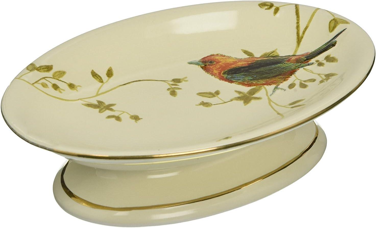 Ivory Ceramic Soap Dish with Hand-Painted Birds and Gold Trim