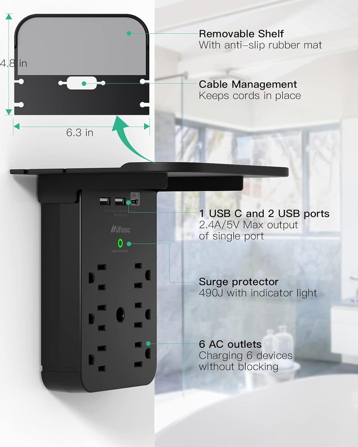 Wall Outlet Extender with Surge Protector, 6 AC Outlets, Shelf, 2 USB & USB C Charging Ports - Home & Dorm Plug