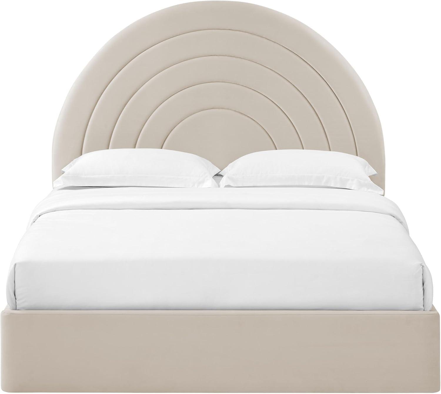 Almond Velvet Full Platform Bed with Arched Upholstered Headboard