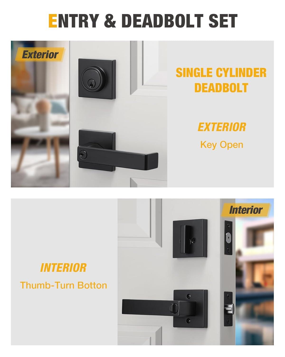 Front Door Handle and Deadbolt Set, Matte Black Exterior Door Lock Set with Deadbolt, Front Door Handles and Locks (2 Pack)