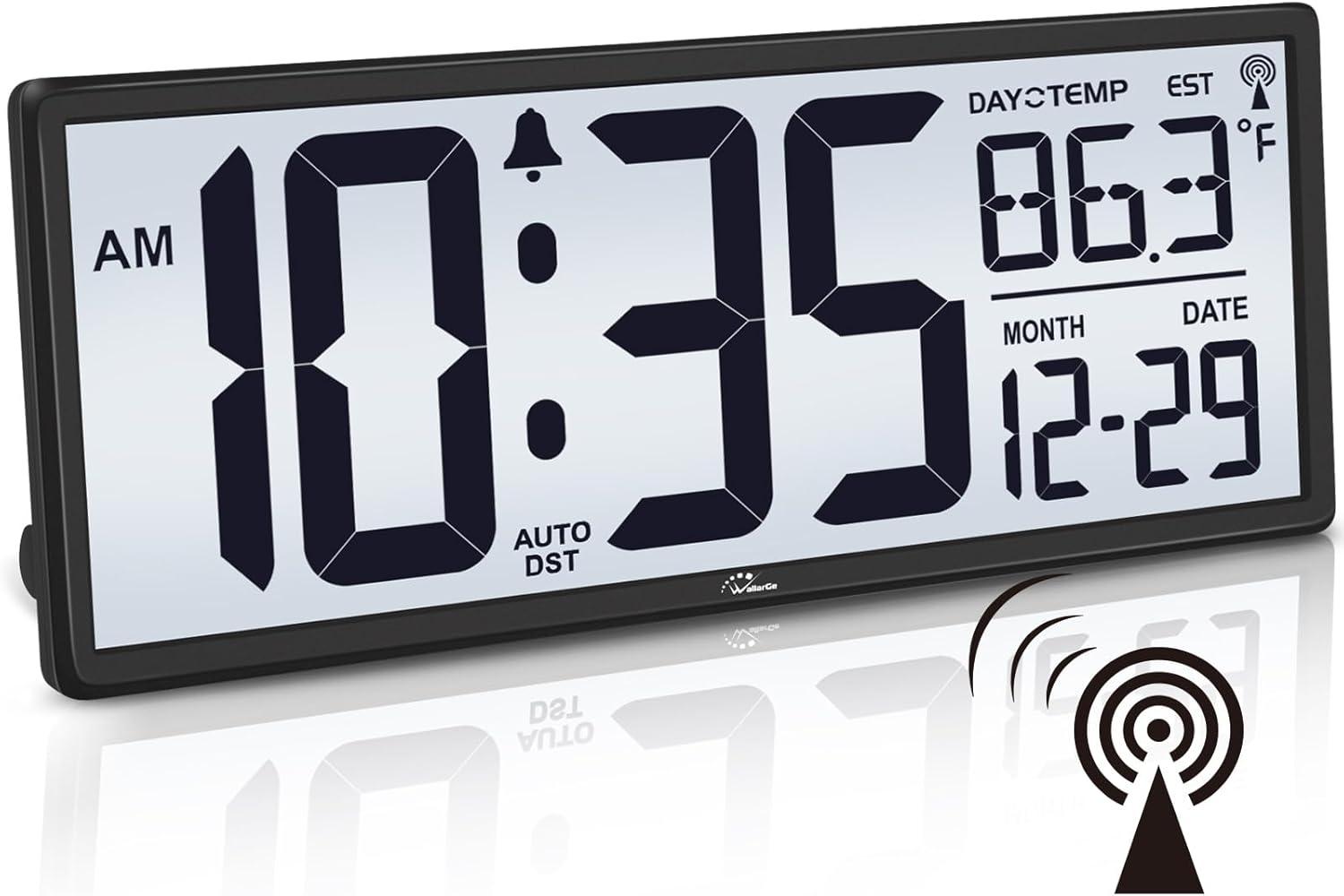 WallarGe 14.5'' Large Digital Wall Clock Battery Operated with Jumbo Numbers, Temperature and Date - Easy to Read and Set, Auto DST