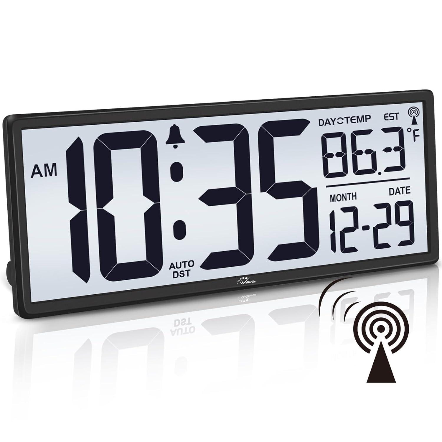 14.5" Large Digital Wall Clock Battery Operated with Jumbo Numbers Digits LCD Screen Display,Temperature,Day and Date,Alarm,Easy to Read and Set, Auto DST for Bedroom,Office,Living Room（Black）