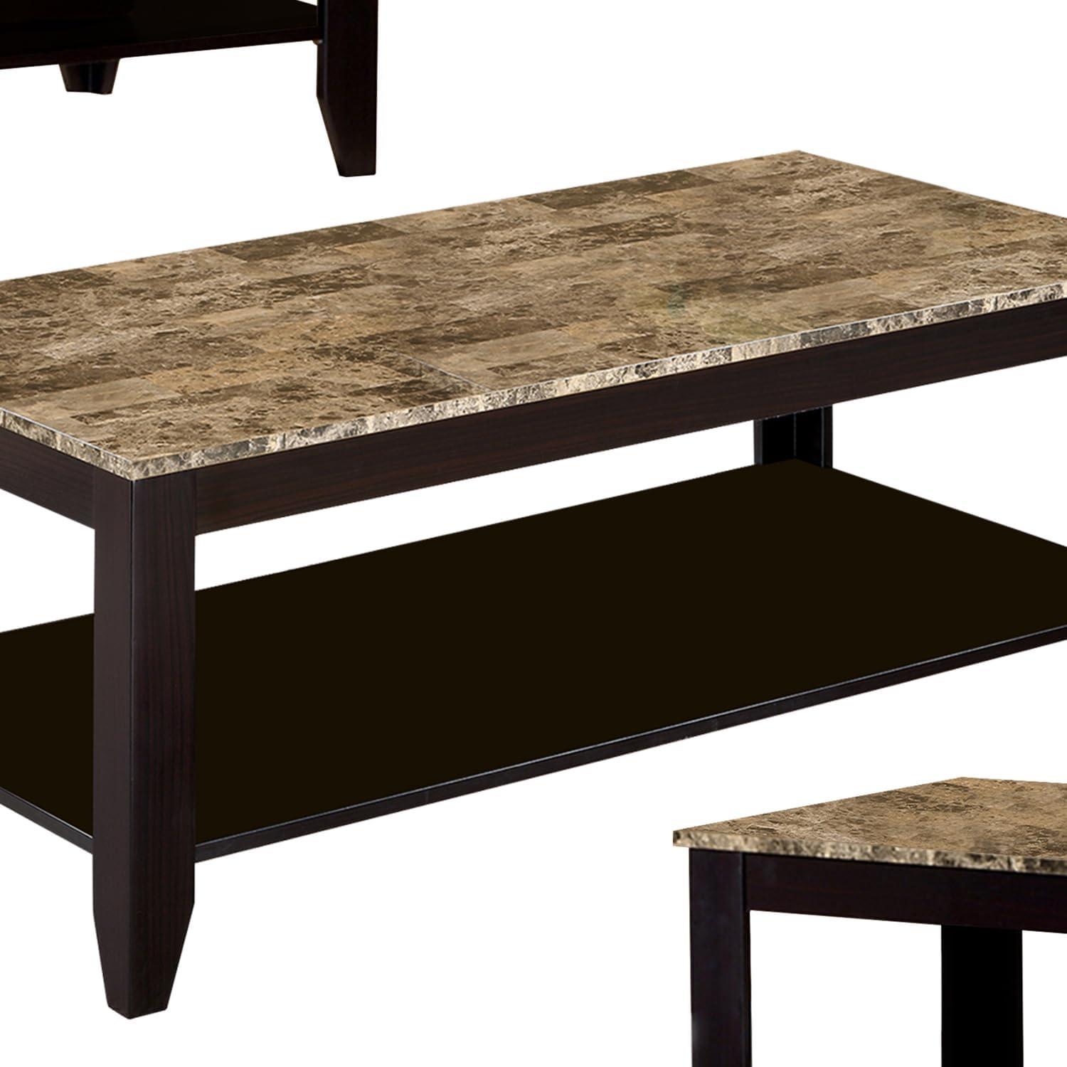 Brown Wood and Faux Marble 3-Piece Coffee Table Set