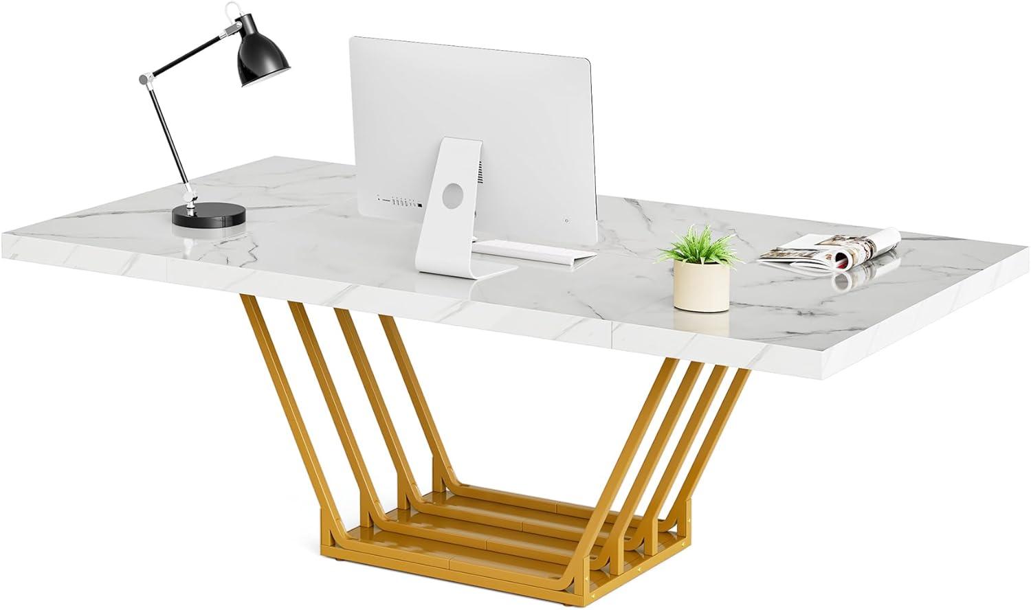 Tribesigns 63 inch Modern Office Desk, Large Executive Desk Computer Desk with Gold Metal Frame, White & Gold