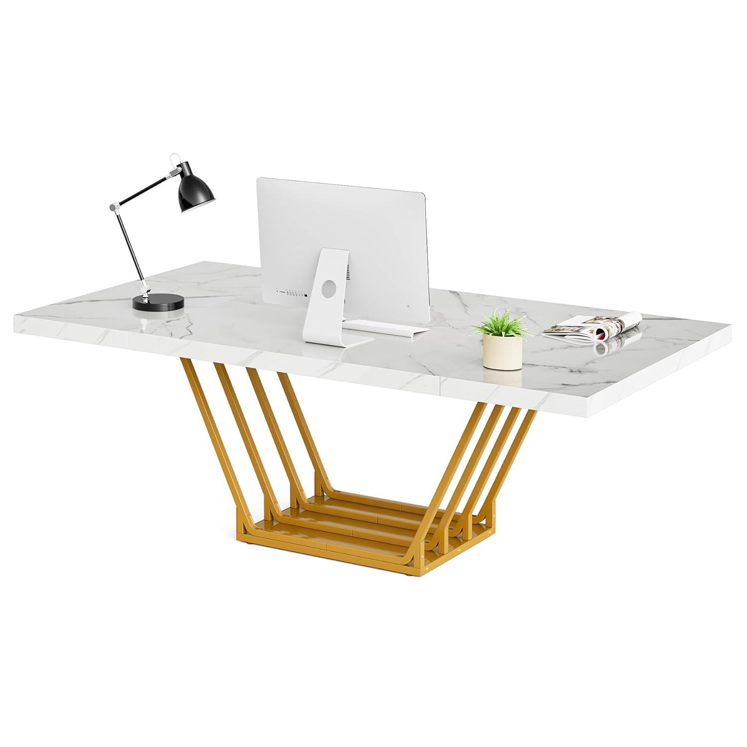 Tribesigns 63 inch Modern Office Desk, Large Executive Desk Computer Desk with Gold Metal Frame, White & Gold