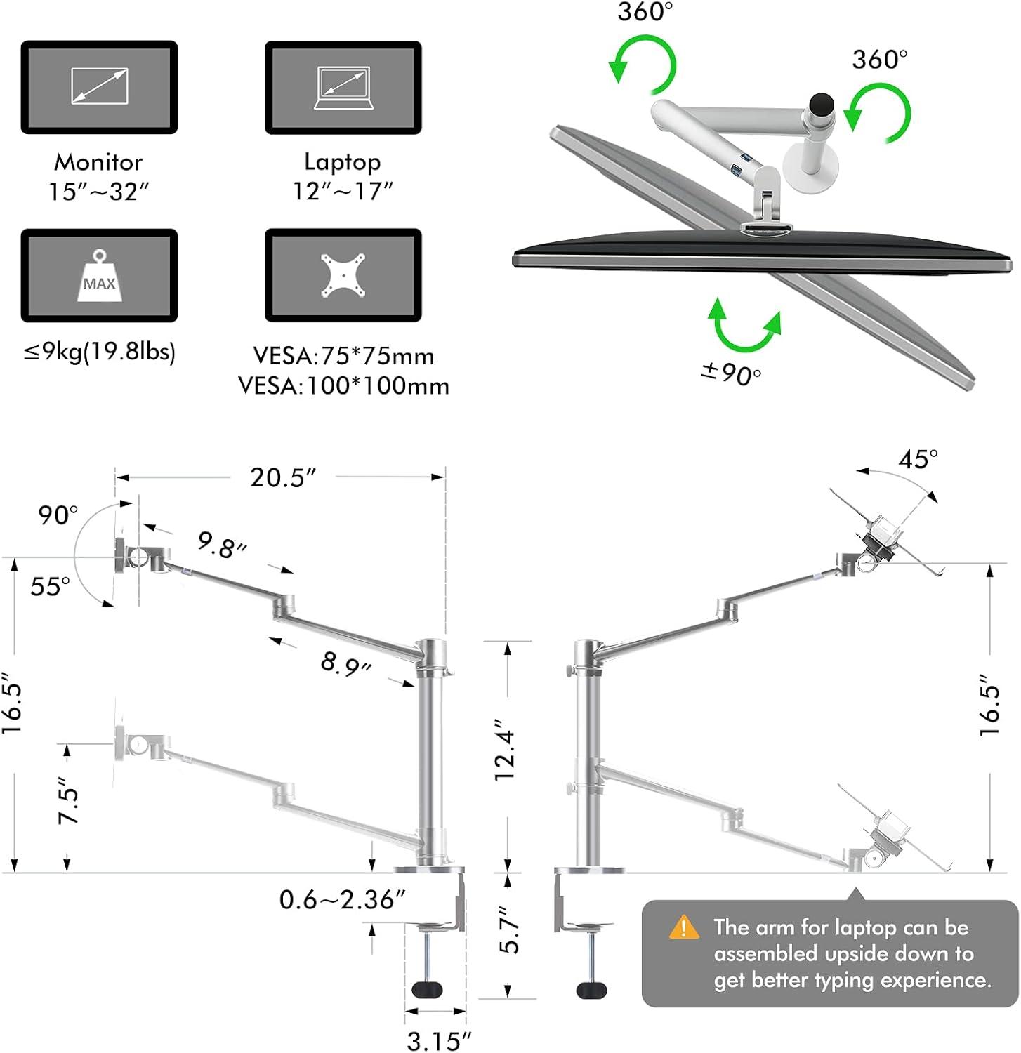 Viozon Monitor and Laptop Mount, 2-in-1 Adjustable Dual Arm Desk Mounts Single Desk Arm Stand/Holder for 17 to 32 Inch LCD Computer Screens, Extra Tray Fits 12 to 17 inch Laptops (Silver)