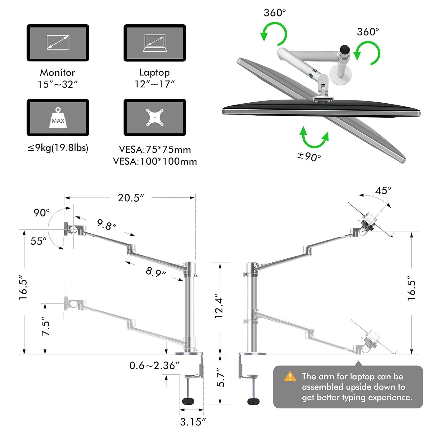 Viozon Monitor and Laptop Mount, 2-in-1 Adjustable Dual Arm Desk Mounts Single Desk Arm Stand/Holder for 17 to 32 Inch LCD Computer Screens, Extra Tray Fits 12 to 17 inch Laptops (Silver)