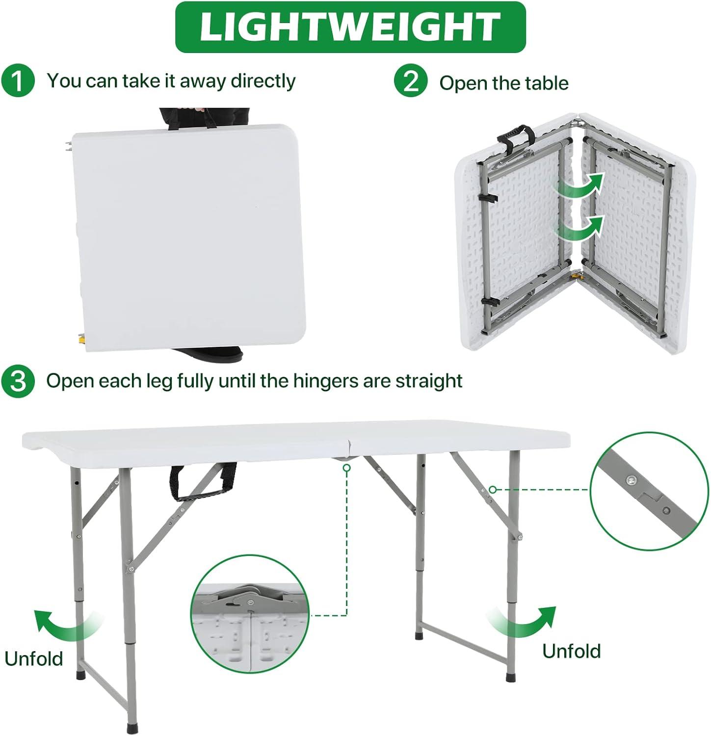 CL.HPAHKL 4 ft Folding Table with 3 Adjustable Height, Small Plastic Foldable Table with Carrying Handle, Portable Camping Table Fold in Half for Indoor Outdoor Camping, Picnic and Party, White