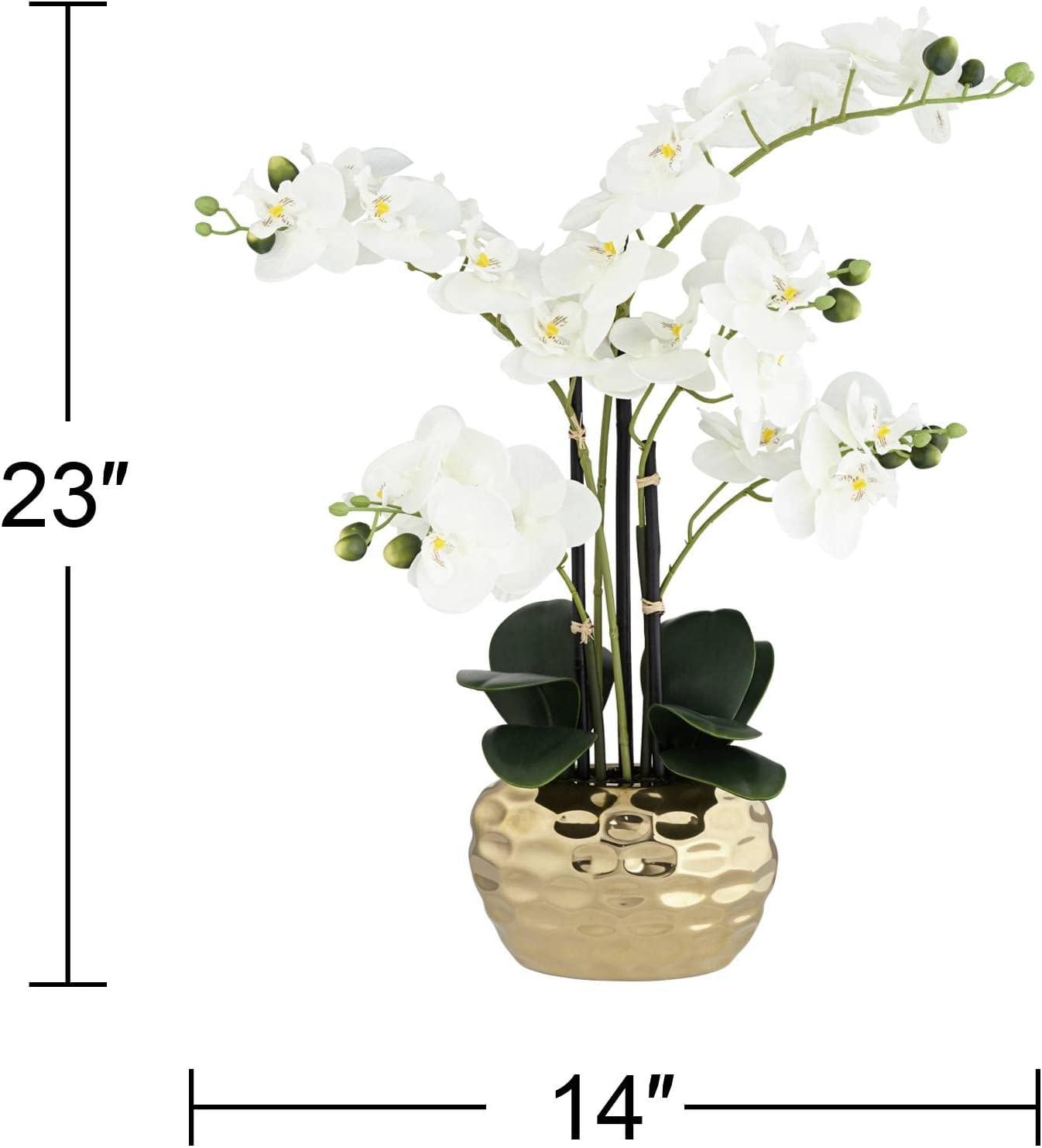 Dahlia Studios Potted Faux Artificial Flowers Realistic White Phalaenopsis Orchid in Gold Ceramic Pot Home Decoration 23" High