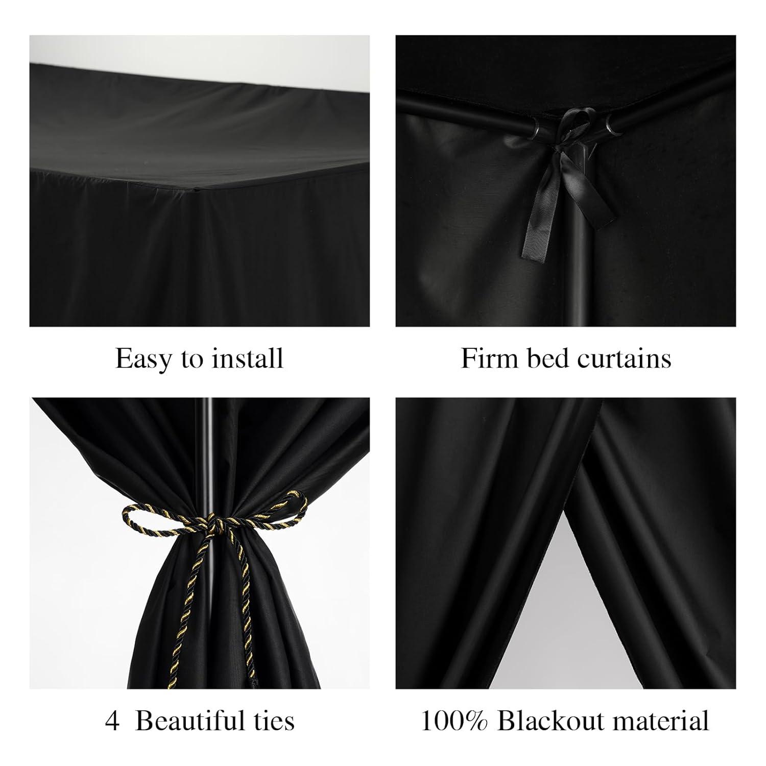 Black Canopy Bed Curtains - 4 Corner Post Bed Curtains King Lightproof Drapes Bed Canopy Curtain with Tie Backs for Adults & Girls Bedroom Decoration(Black,King)