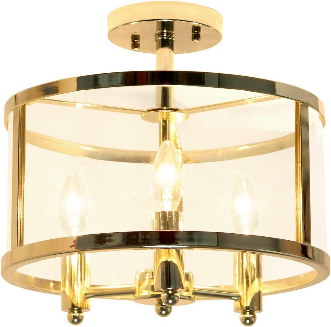 Gold and Glass 13" 3-Light Farmhouse Semi Flush Mount