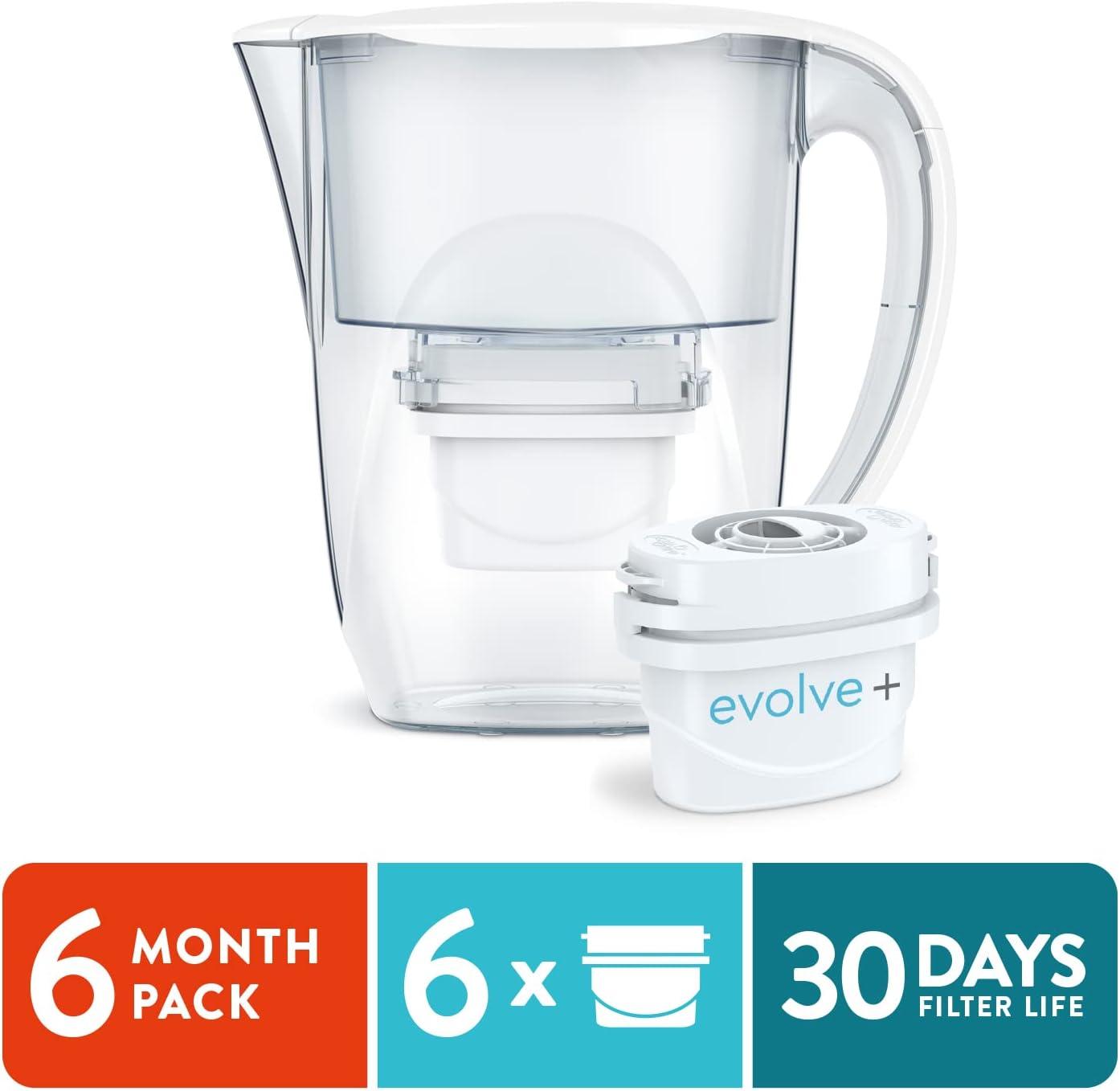 Aqua Optima Water Filter Pitcher Value Pack For Tap And Drinking Water With 6 Evolve+ Filter, Bpa Free, Wqa Certified, Oria Design (blue)