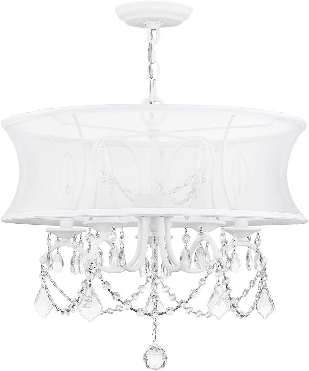 5 Light White Chandelier with Off White Silk Shimmer Shade