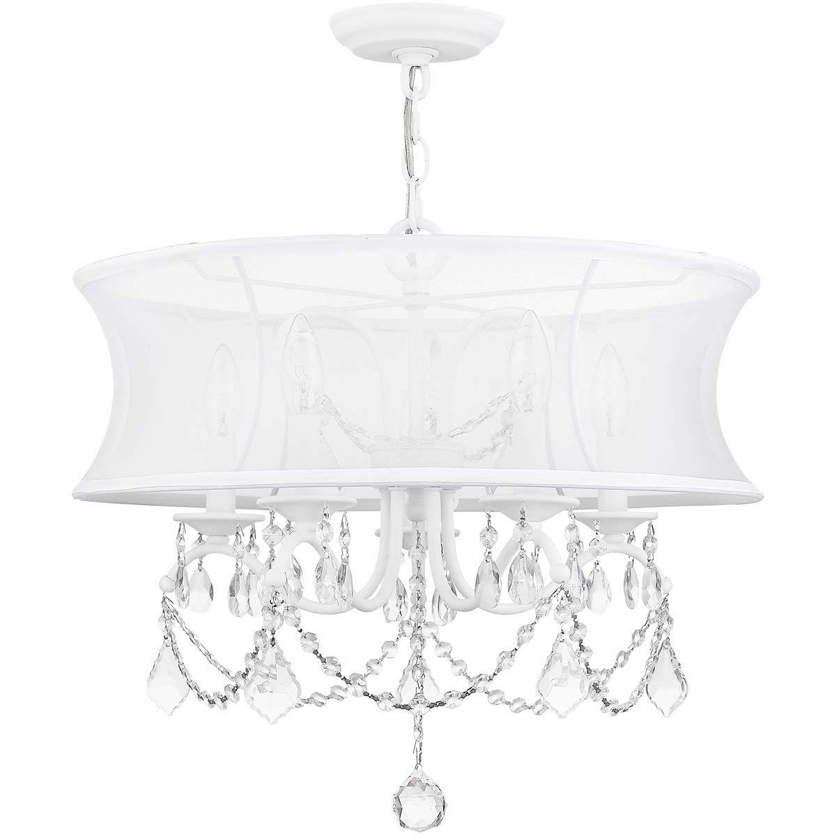 5 Light White Chandelier with Off White Silk Shimmer Shade