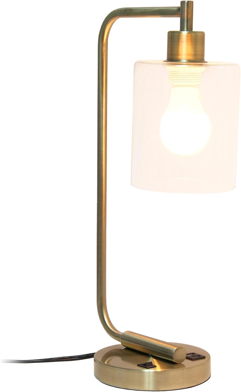 Modern Iron Desk Lamp with USB Port and Glass Shade Antique Brass Finish - Lalia Home: ETL Listed, No Assembly, Edison Bulb Compatible