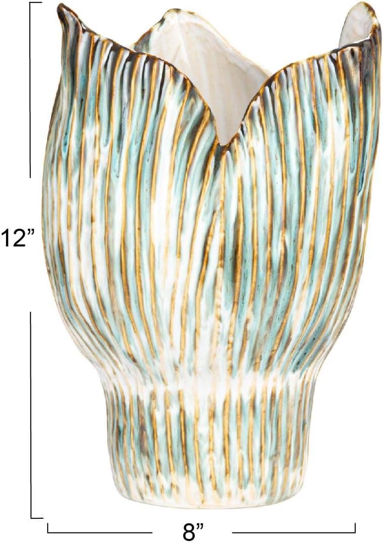 Creative Co-Op Stoneware Pleated Sculptural Vase with Reactive Glaze, Green and White