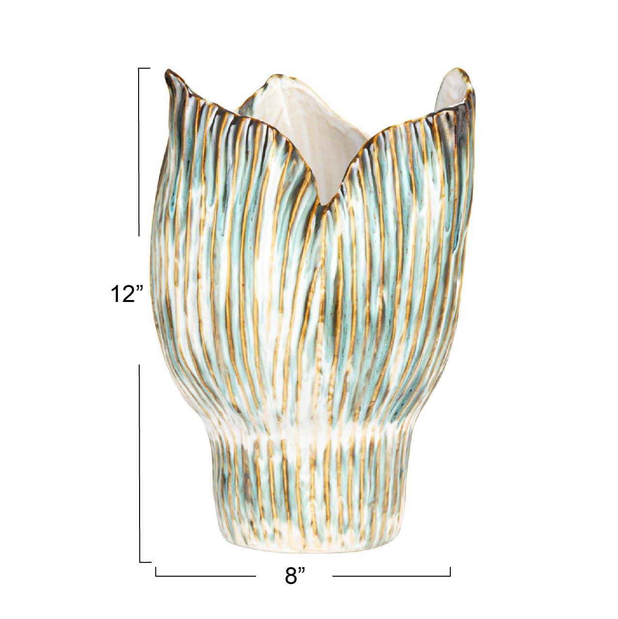 Creative Co-Op Stoneware Pleated Sculptural Vase with Reactive Glaze, Green and White