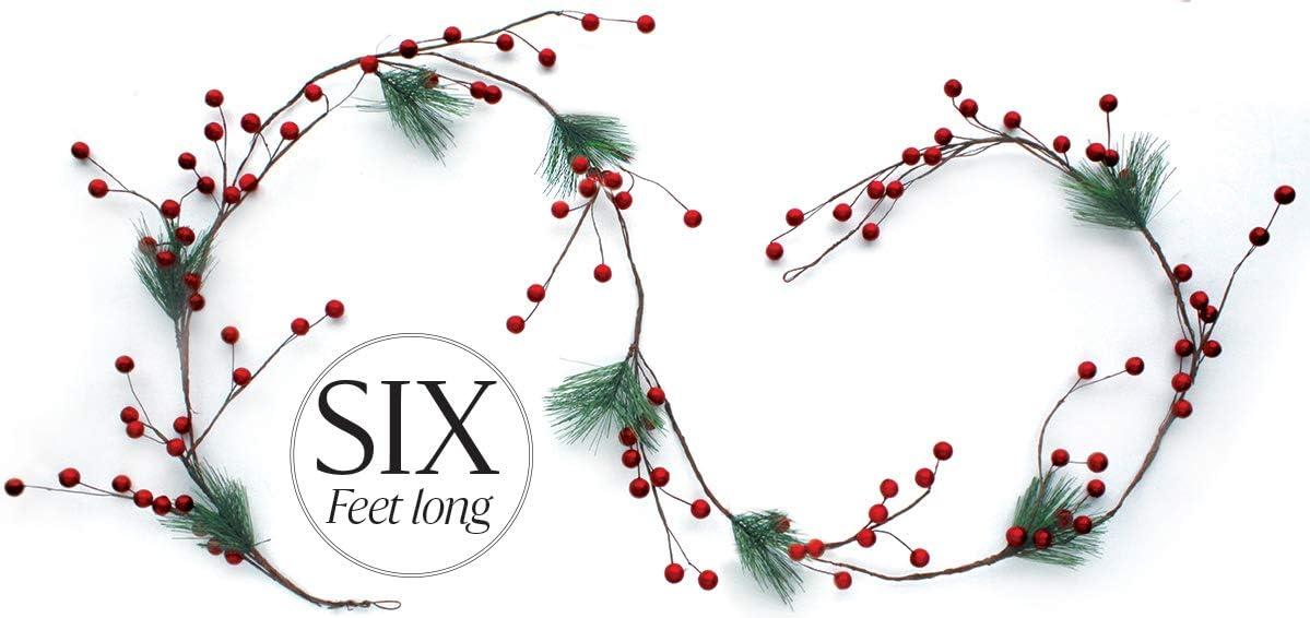 Christmas Garland Red Berry, Artificial Pine Needle Holiday Greenery (Evergreen) Unlit Fireplace Mantle Décor & Home Xmas Decoration Indoor/Outdoor Decorations 6 Feet Long (6ft) Clearance