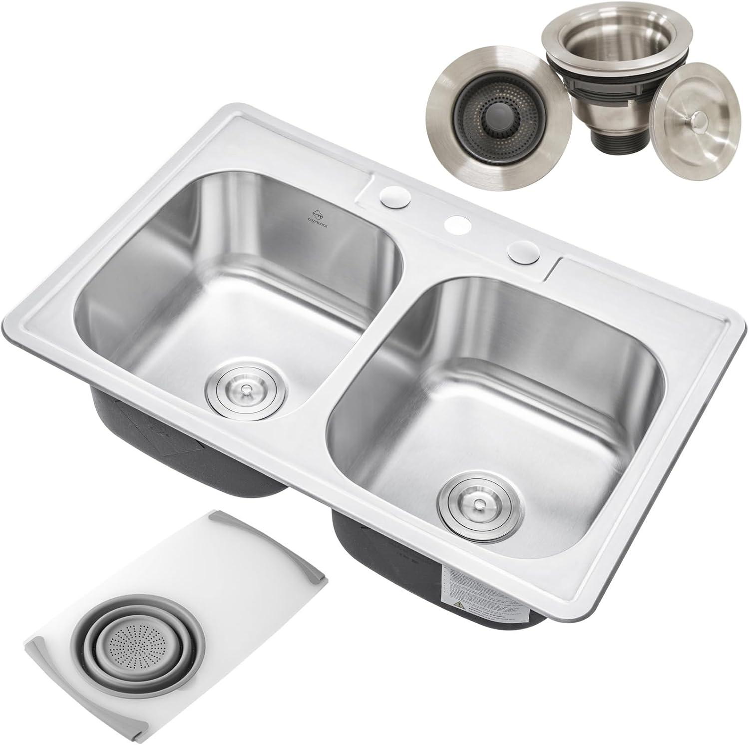 33-Inch Brushed Stainless Steel Double Bowl Kitchen Sink