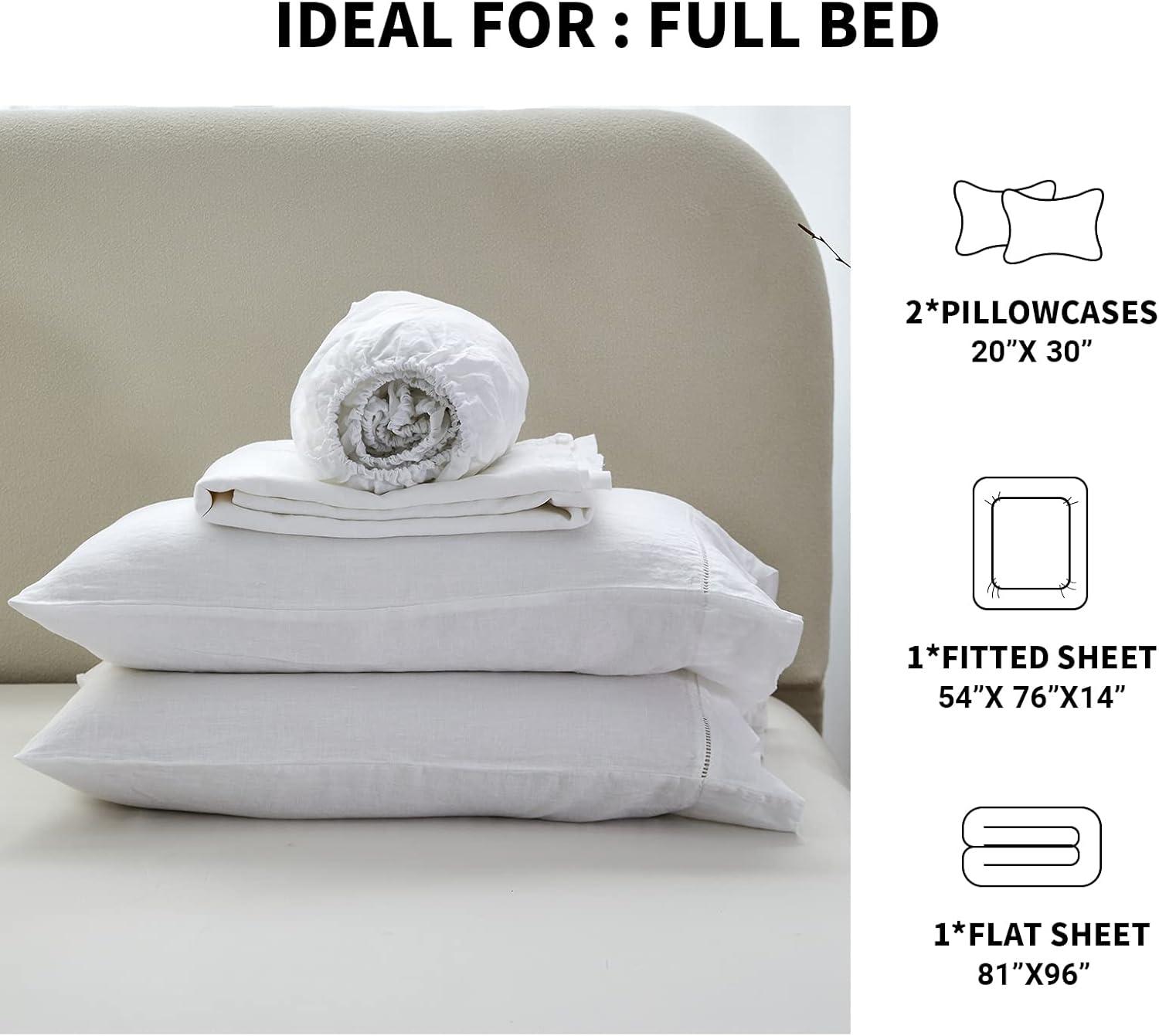 Simple&Opulence Belgian Linen Sheet Set Solid Color - 4 Pieces (1 Flat Sheet, 1 Fitted Sheet & 2 Pillowcases) Natural Flax Cotton Blend Soft Breathable Farmhouse Bedding - Full Size, White