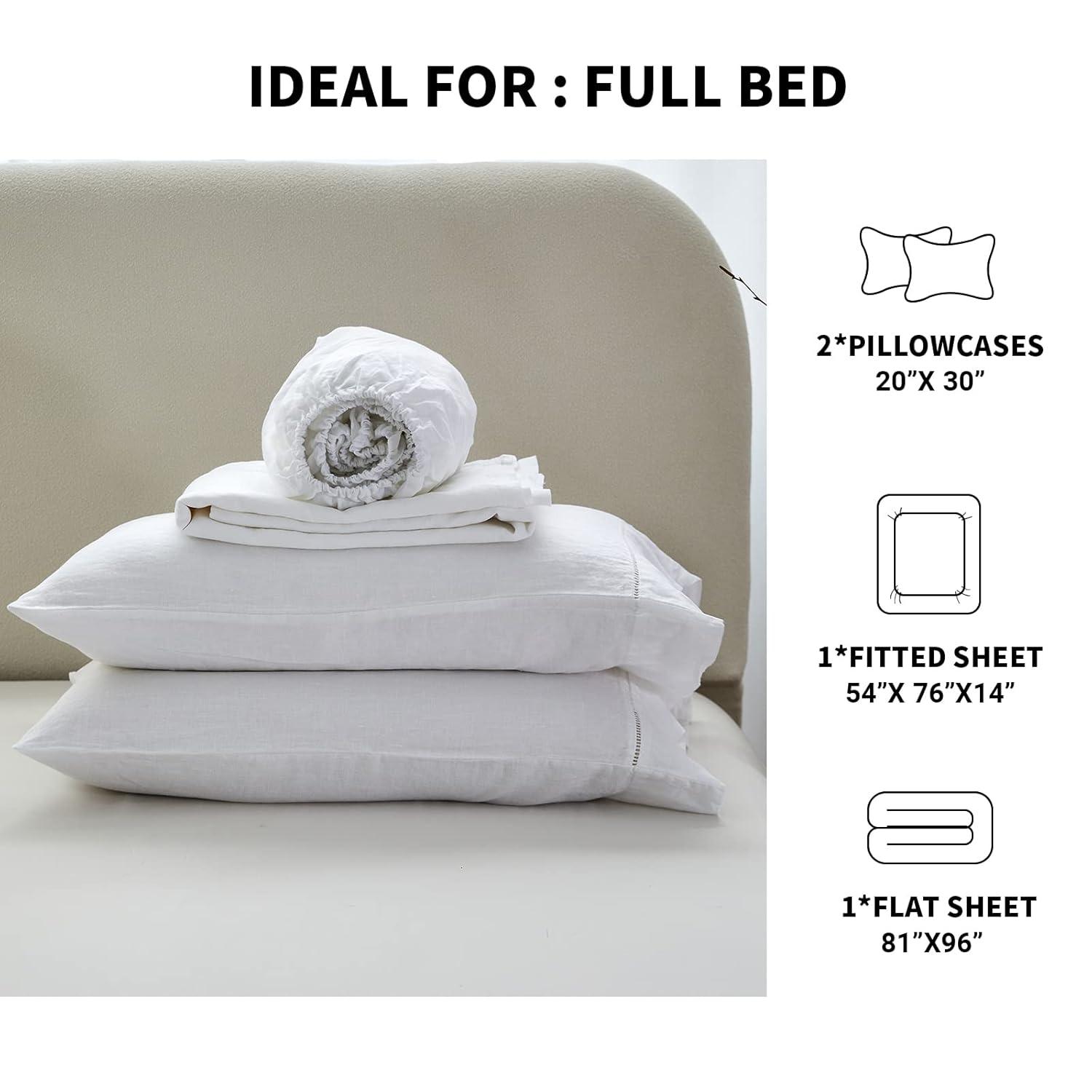 Simple&Opulence Belgian Linen Sheet Set Solid Color - 4 Pieces (1 Flat Sheet, 1 Fitted Sheet & 2 Pillowcases) Natural Flax Cotton Blend Soft Breathable Farmhouse Bedding - Full Size, White