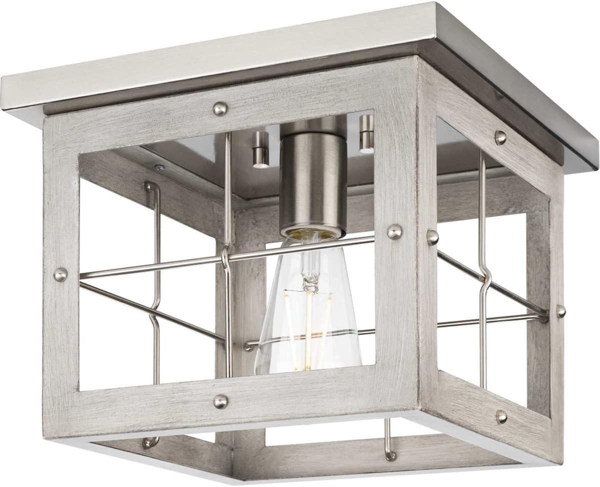 Hedgerow Brushed Nickel and Oak Farmhouse Flush Mount Light