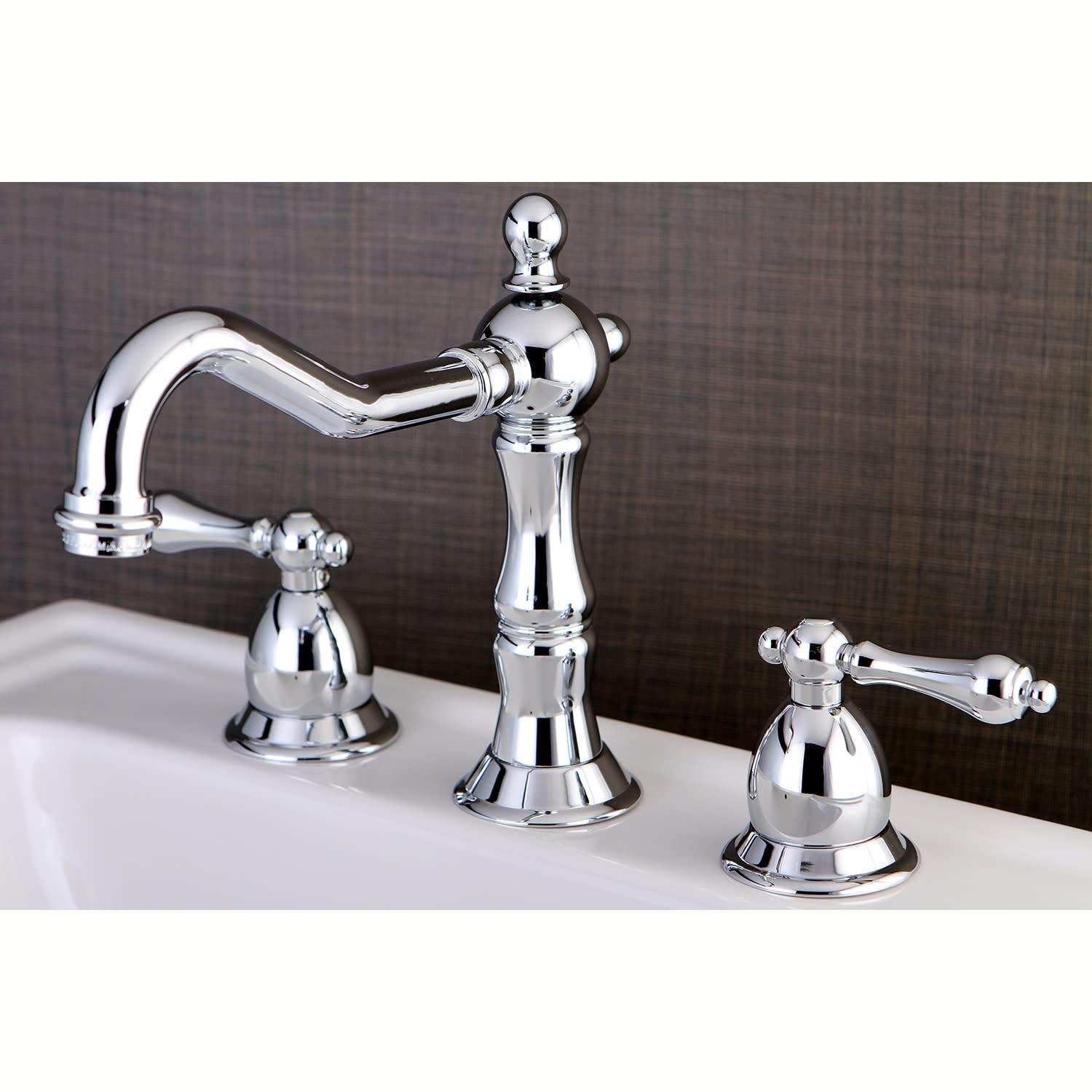 Kingston Brass Heritage Two-Handle 3-Hole Deck Mount Widespread Bathroom Faucet with Brass Pop-Up Drain