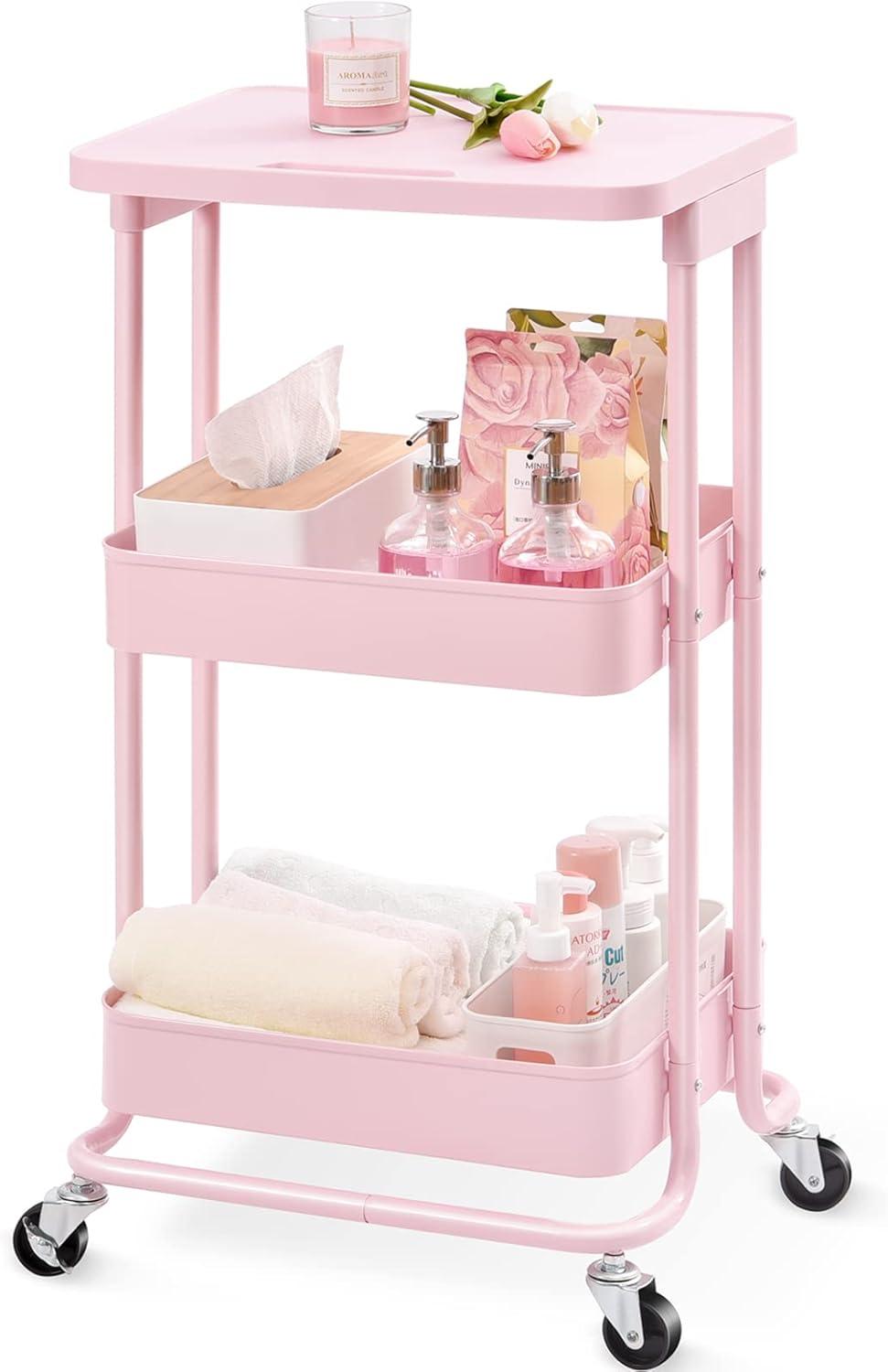 Pink 3-Tier Plastic and Metal Rolling Utility Cart