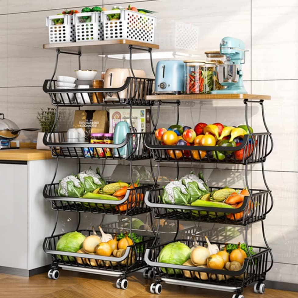 Black 5-Tier Metal and Wood Kitchen Storage Basket