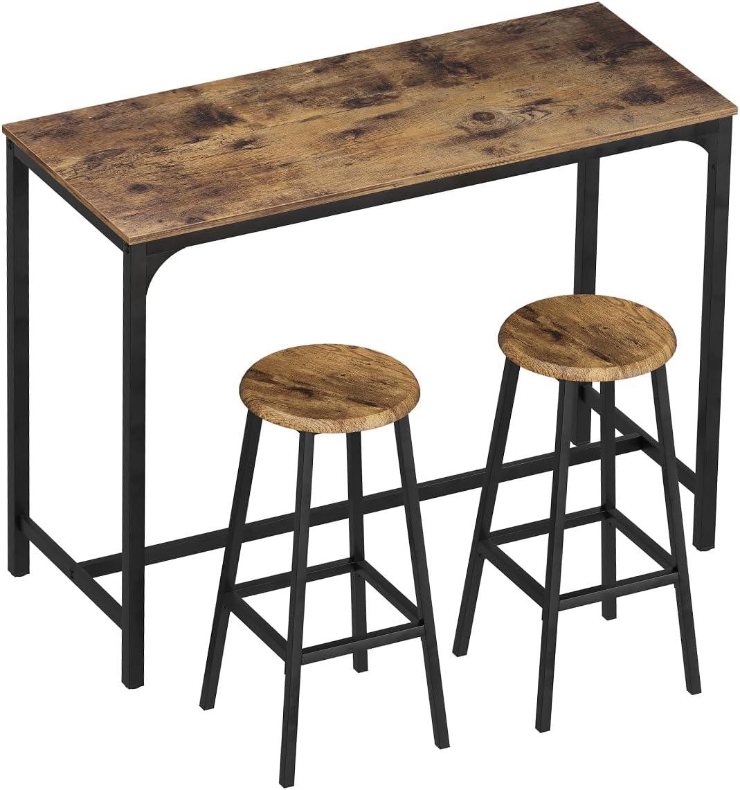 Resenkos 3-Piece Bar Pub Table Set with 2 Bar Stools, Industrial Kitchen Dining Counter Height Table and Chairs Rustic Brown