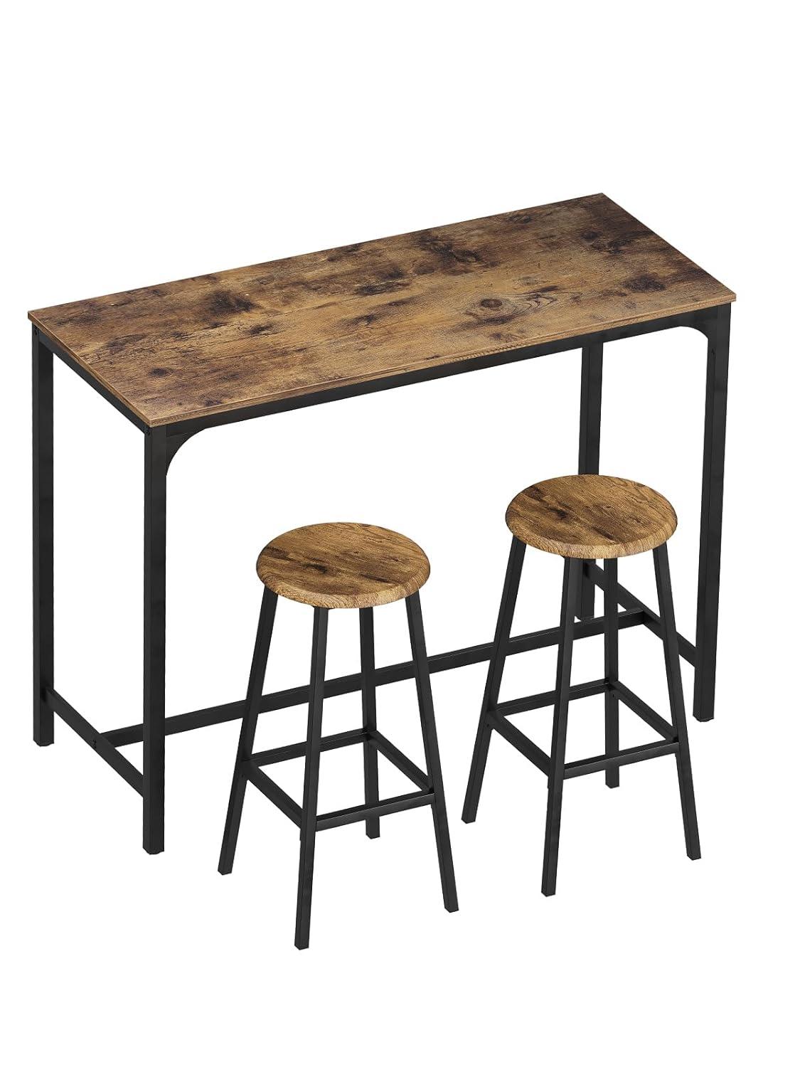 PAPROOS Bar Table Set for 2, 3 Pcs Pub Bistro Table and PU Upholstered Stools with Backrest, Industrial Counter Height Dining Table and Chairs for Kitchen Breakfast Nook Balcony, Rustic Brown