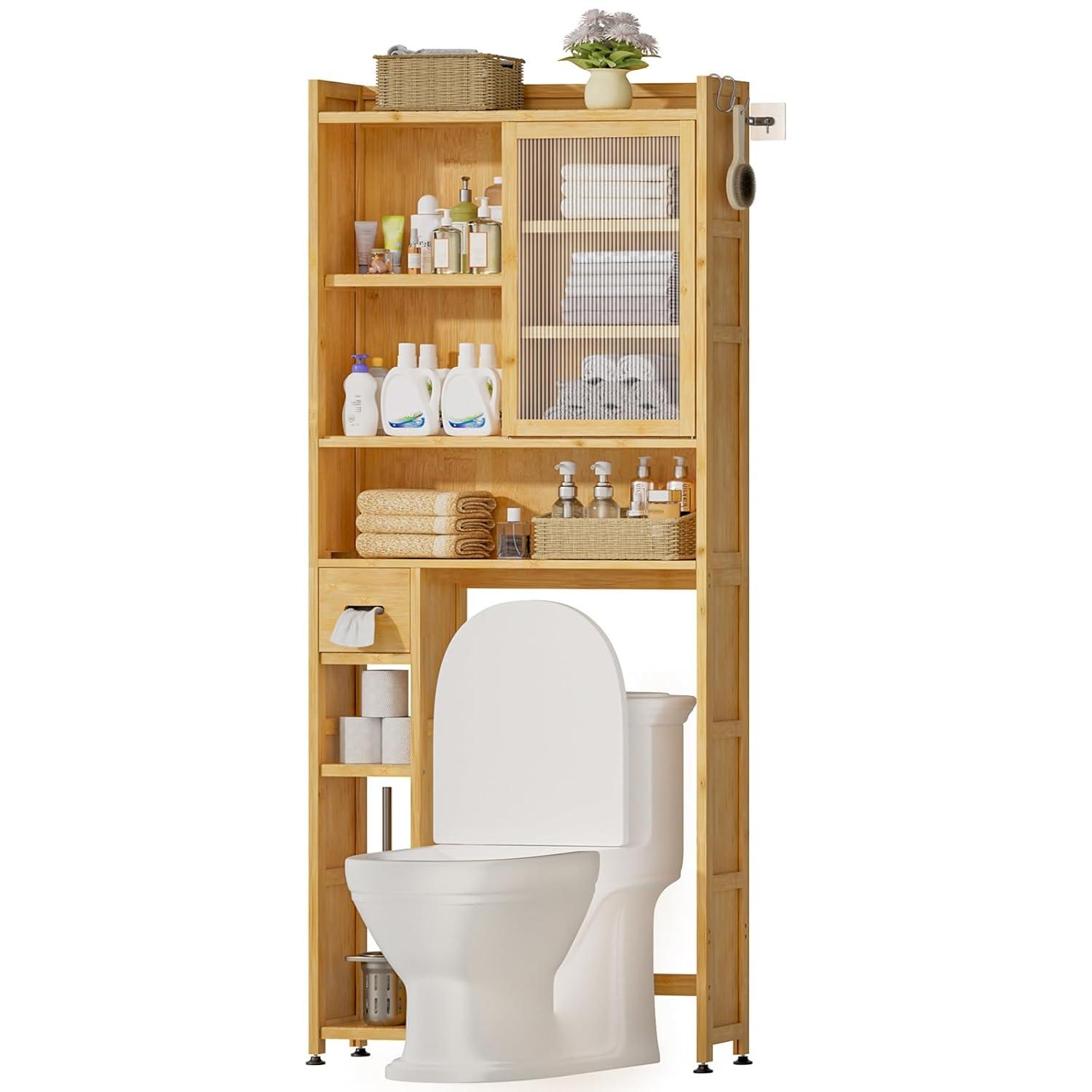 Latitude Run® Over The Toilet Storage Cabinet With Acrylic Door Panel And Paper Towel Drawer, Bamboo Space Saver Shelf, Bathroom Organizer Rack