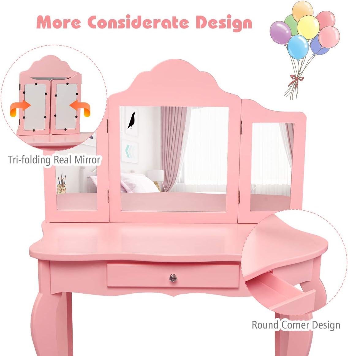 Infans Kids Vanity Table & Stool Princess Dressing Make Up Play Set for Girls