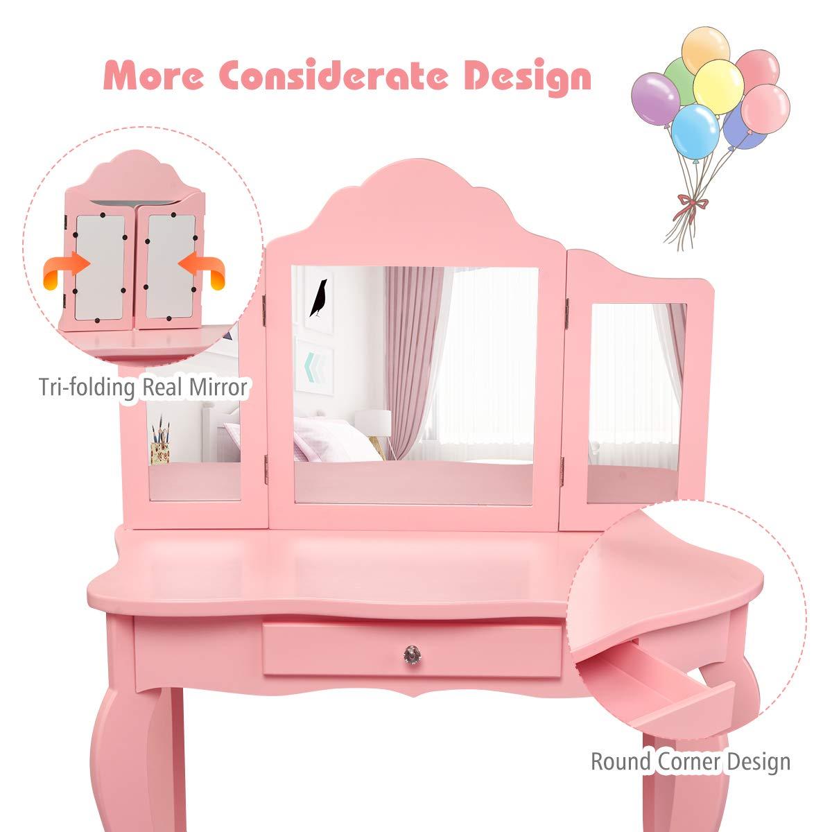 Infans Kids Vanity Table & Stool Princess Dressing Make Up Play Set for Girls Pink