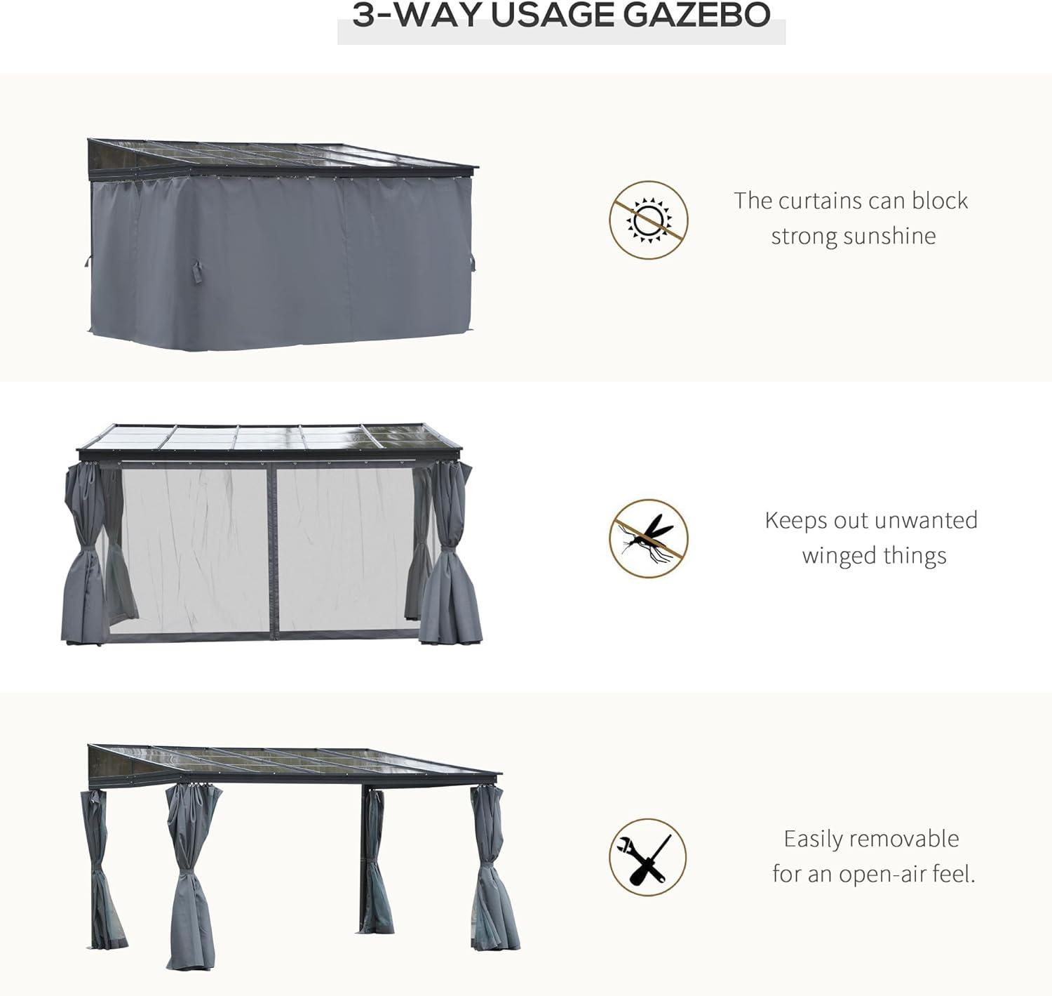 Outsunny 10' x 13' Outdoor Patio Gazebo with Sloping Polycarbonate Roof, Durable Aluminum Frame, & Netting Curtain