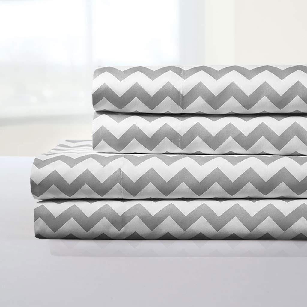 6 Piece Chevron Printed Gray Sheet Set, Deluxe Ultra Soft 1500 Series, Double Brushed Microfiber by Sweet Home Collection® - Queen