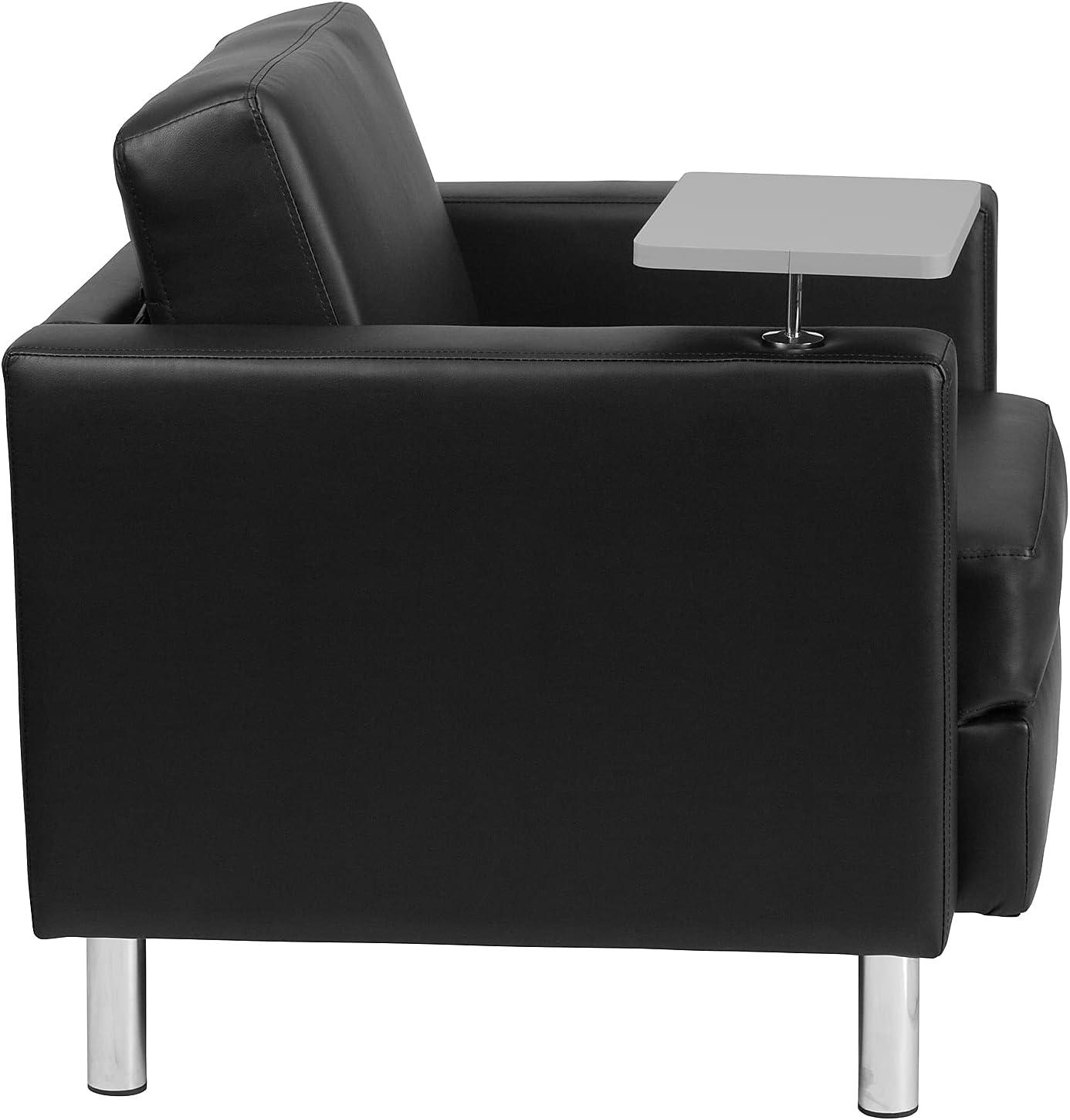 Flash Furniture George Black LeatherSoft Guest Chair with Tablet Arm, Tall Chrome Legs and Cup Holder