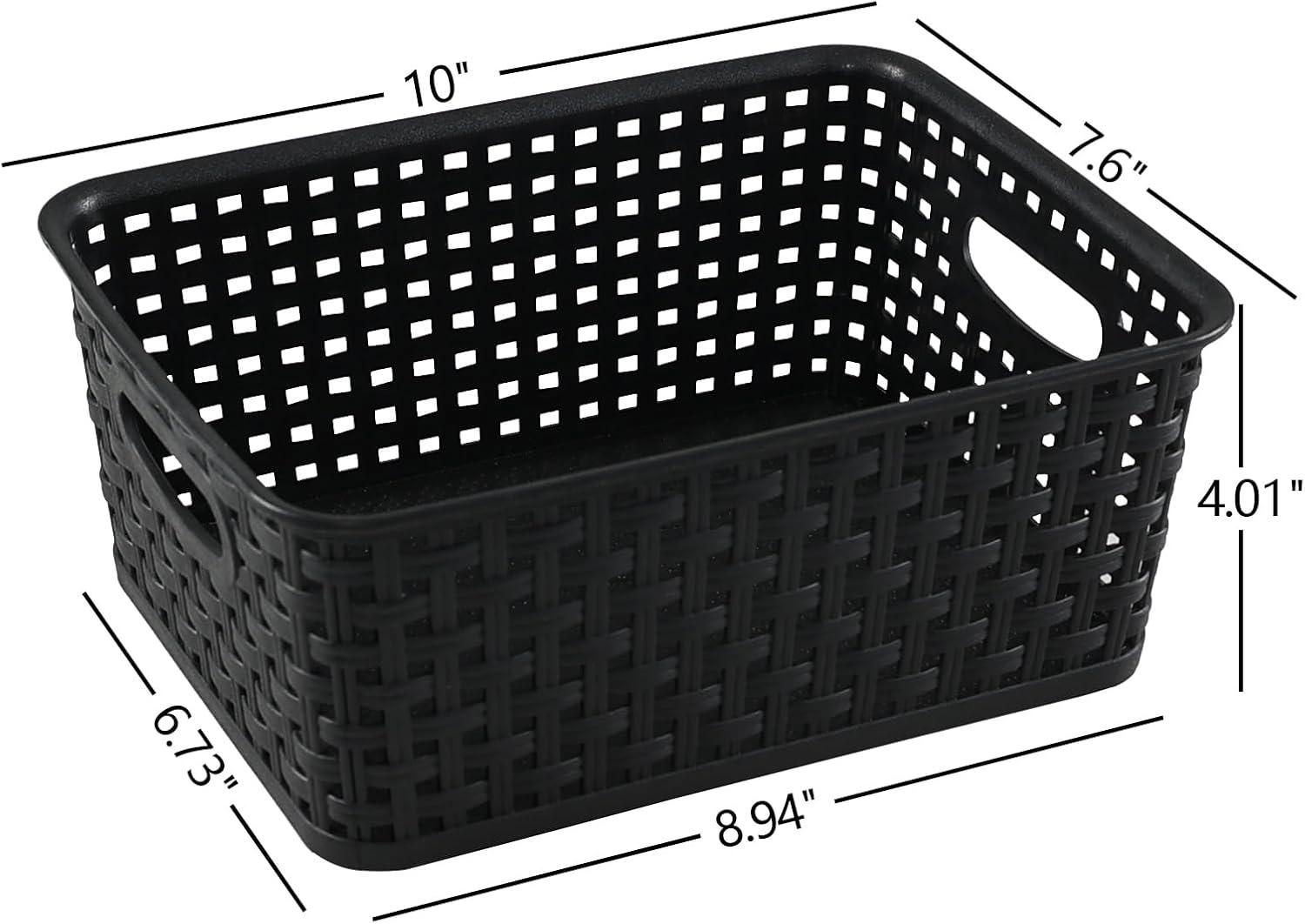 Black Rectangular Plastic Woven Storage Baskets, Set of 6