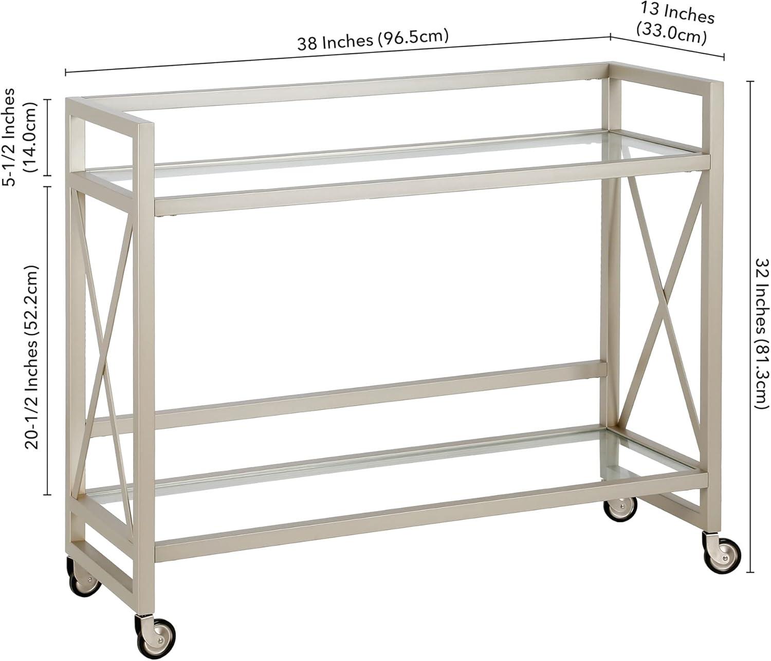 Contemporary Satin Nickel Rolling Bar Cart with Glass Shelves